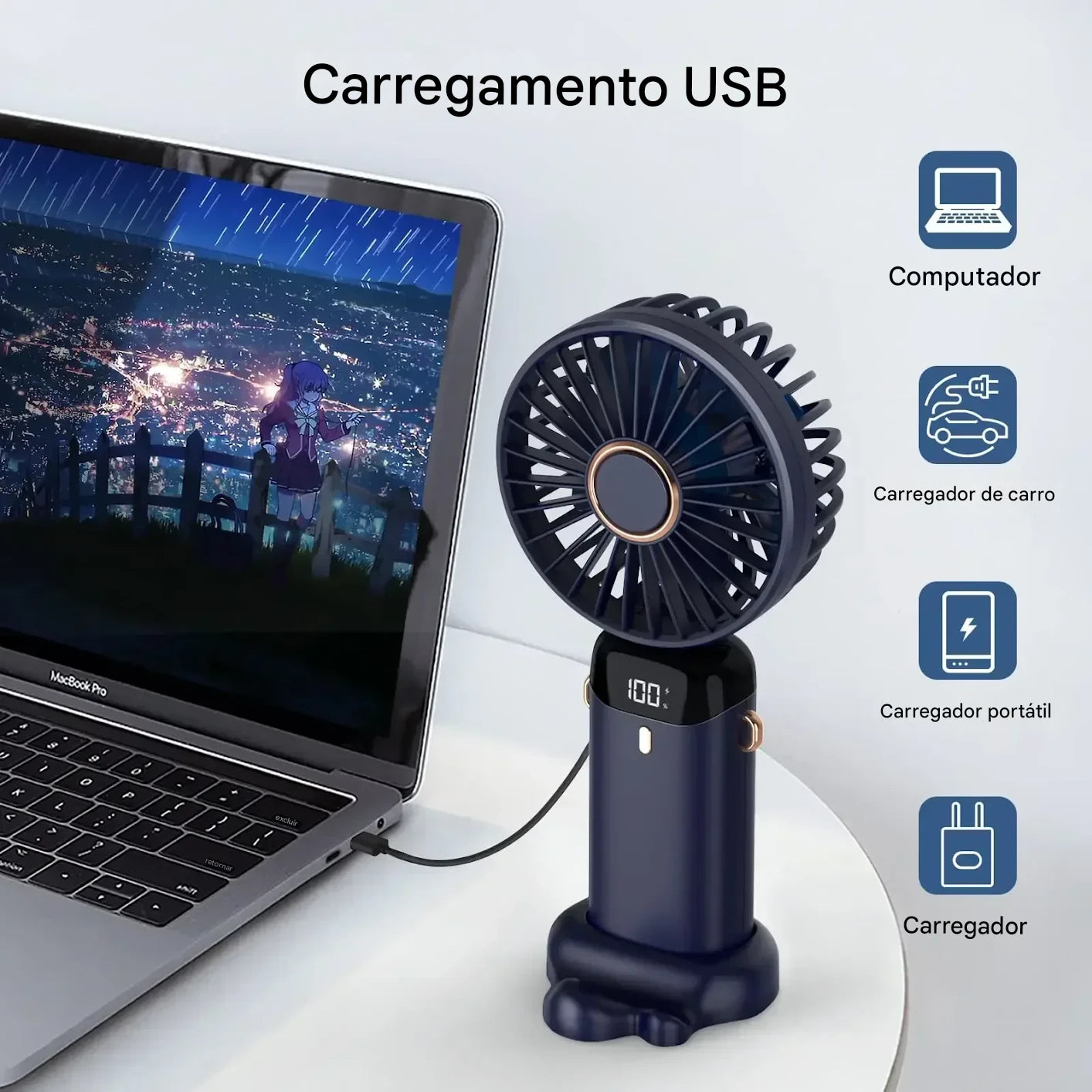 Mini Ventilador Portátil de Mesa e Pescoço – Recarregável com Display LED