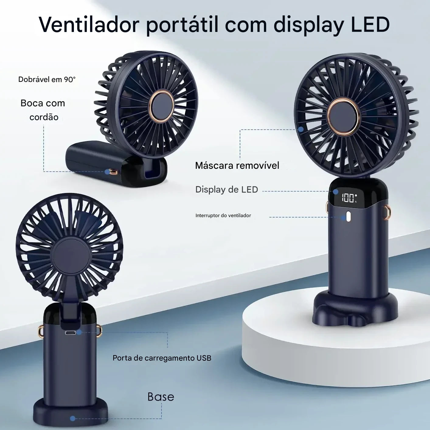 Mini Ventilador Portátil de Mesa e Pescoço – Recarregável com Display LED