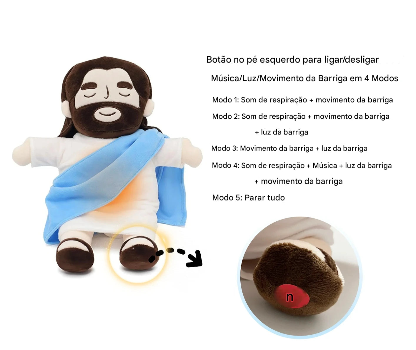 KIT 02 Jesus de Pelúcia Calmante com Respiração, Som e Luz