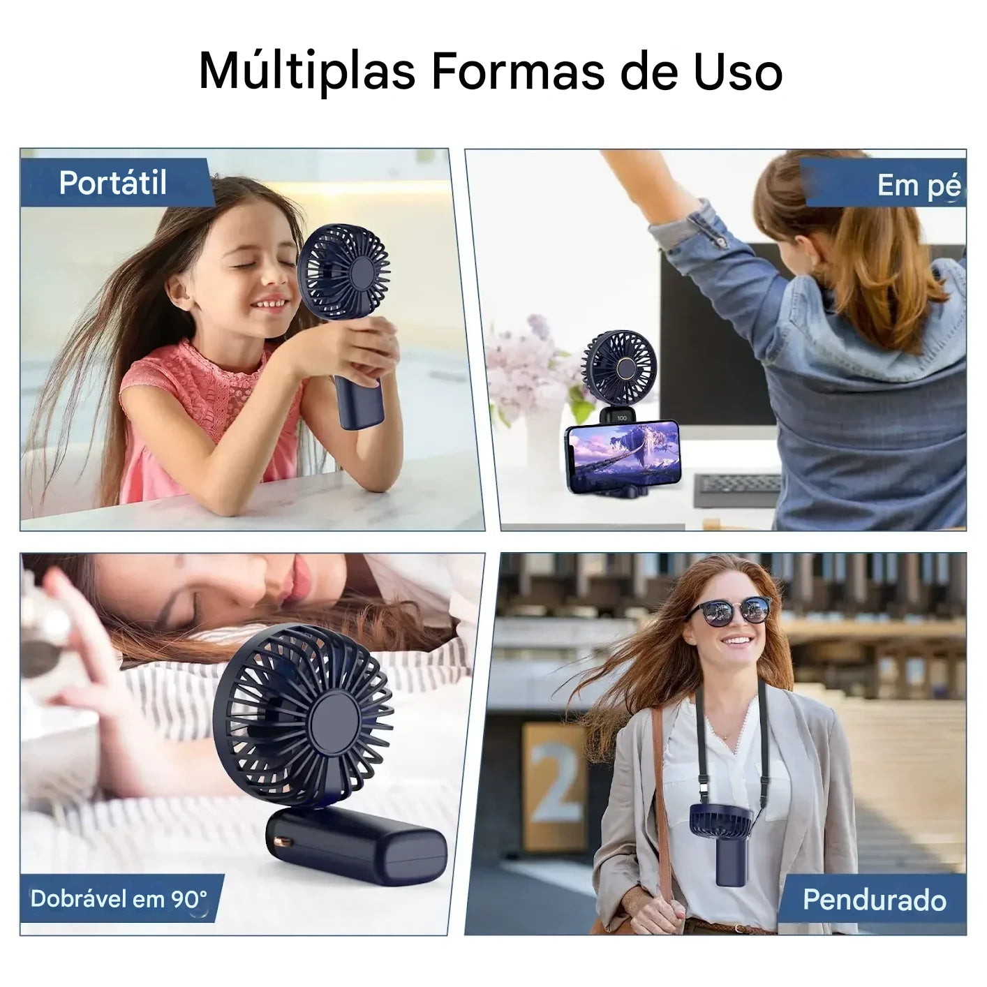 Mini Ventilador Portátil de Mesa e Pescoço – Recarregável com Display LED