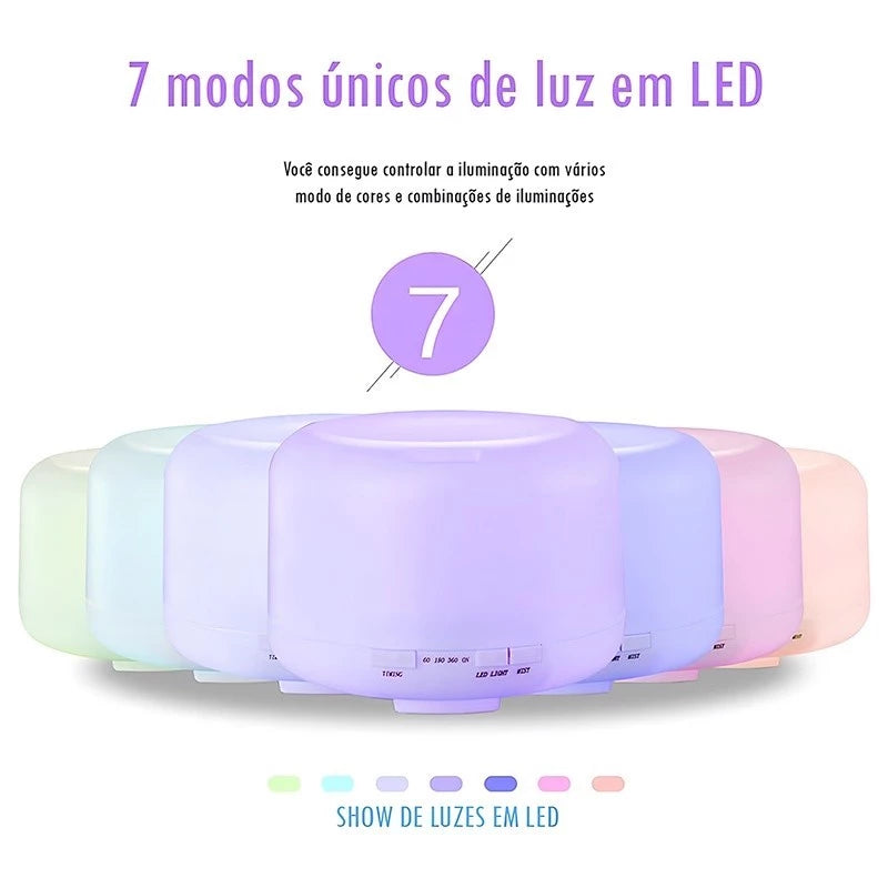 Difusor Umidificador Aromático 500ml com Luz de LED e Controle Remoto