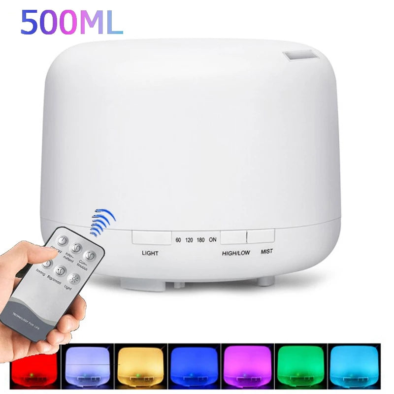 Difusor Umidificador Aromático 500ml com Luz de LED e Controle Remoto