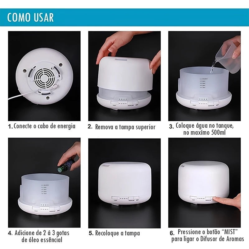 Difusor Umidificador Aromático 500ml com Luz de LED e Controle Remoto