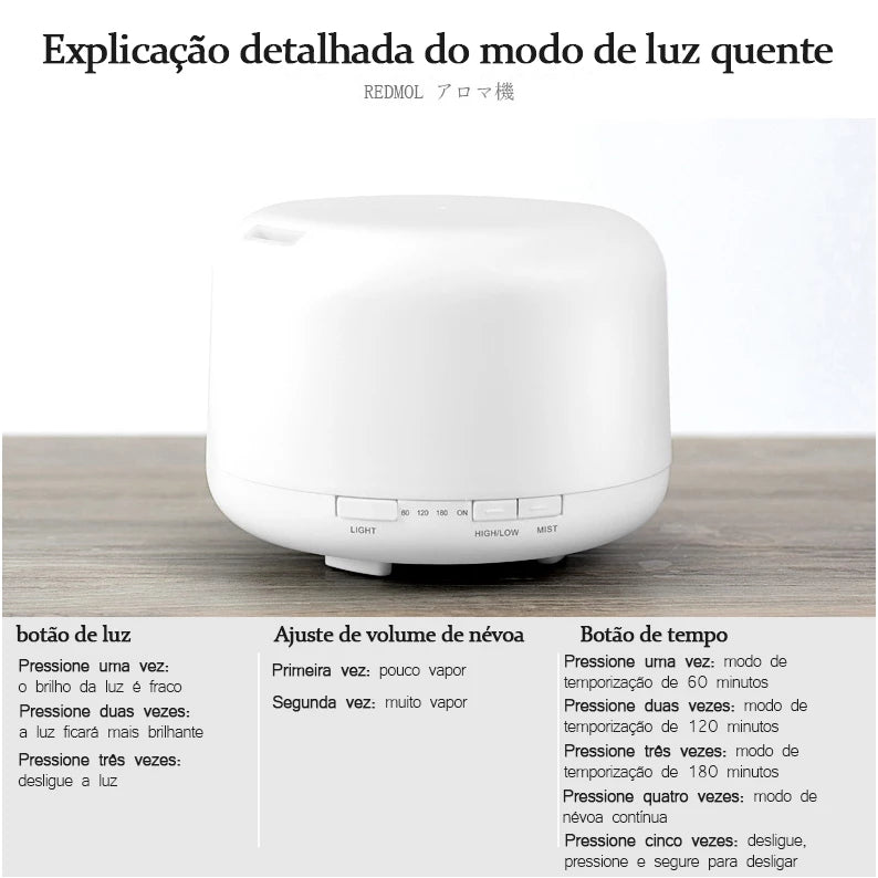 Difusor Umidificador Aromático 500ml com Luz de LED e Controle Remoto