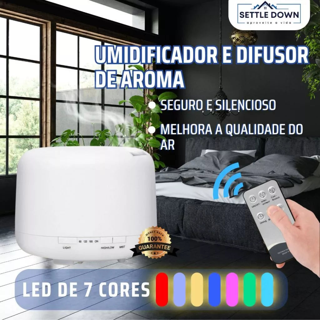 Difusor Umidificador Aromático 500ml com Luz de LED e Controle Remoto