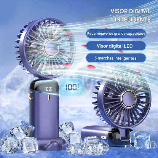 Mini Ventilador Portátil de Mesa e Pescoço – Recarregável com Display LED