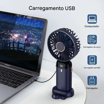 Mini Ventilador Portátil de Mesa e Pescoço – Recarregável com Display LED